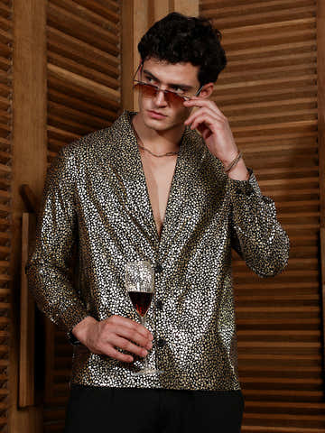 Onyx Black & California Gold Metallic-Speckles Shawl Collar Shirt