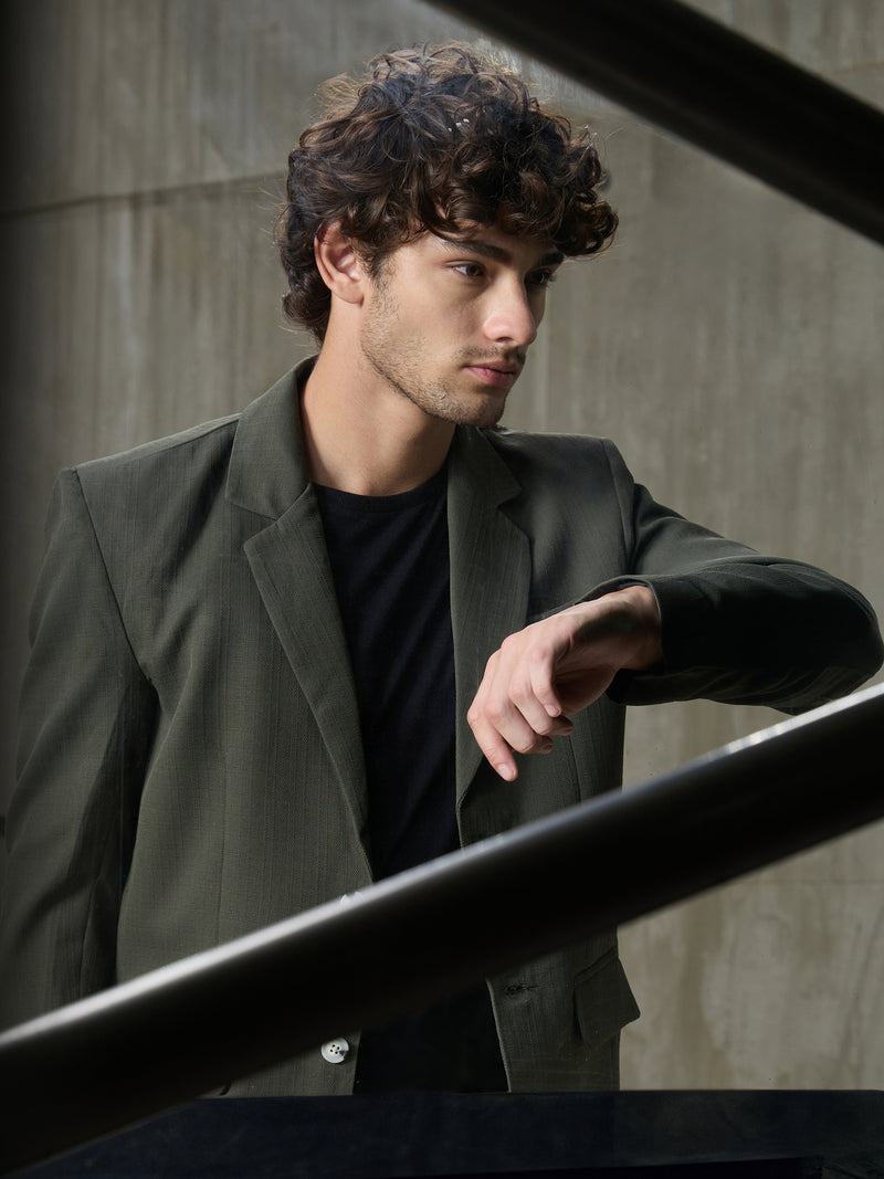 Cahoot Men's Olive Single-Breasted Cotton Half Lined Blazer With Double Flap Pockets - view 3