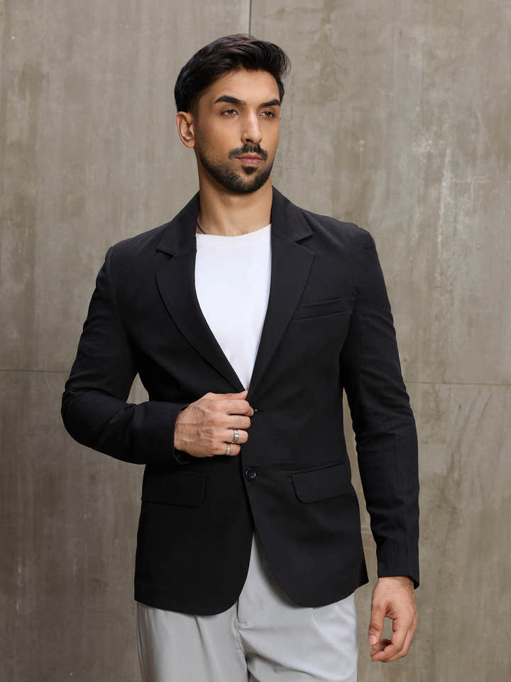 Cahoot Men's Black Single-Breasted Cotton Blazer With Double Flap Pockets - view 2