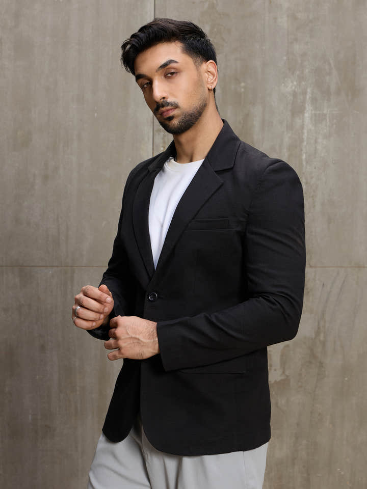 Cahoot Men's Black Single-Breasted Cotton Blazer With Double Flap Pockets - view 3