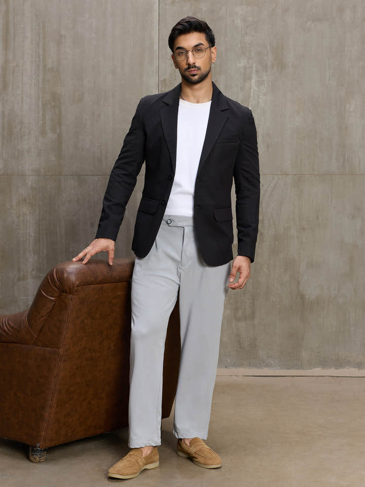 Cahoot Men's Black Single-Breasted Cotton Blazer With Double Flap Pockets - view 6