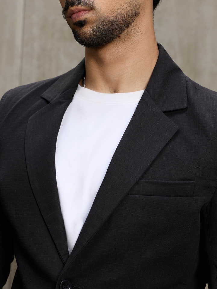 Cahoot Men's Black Single-Breasted Cotton Blazer With Double Flap Pockets - view 7