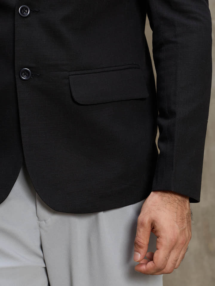 Cahoot Men's Black Single-Breasted Cotton Blazer With Double Flap Pockets - view 8