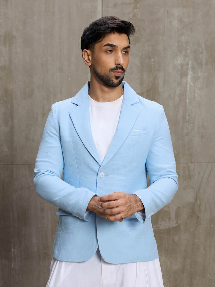 Cahoot Men's Light Blue Single-Breasted Half Lined Cotton Blazer With Double Flap Pockets - view 2