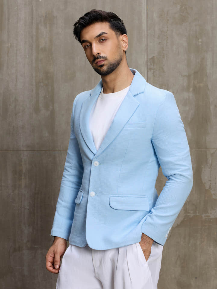 Cahoot Men's Light Blue Single-Breasted Half Lined Cotton Blazer With Double Flap Pockets - view 3