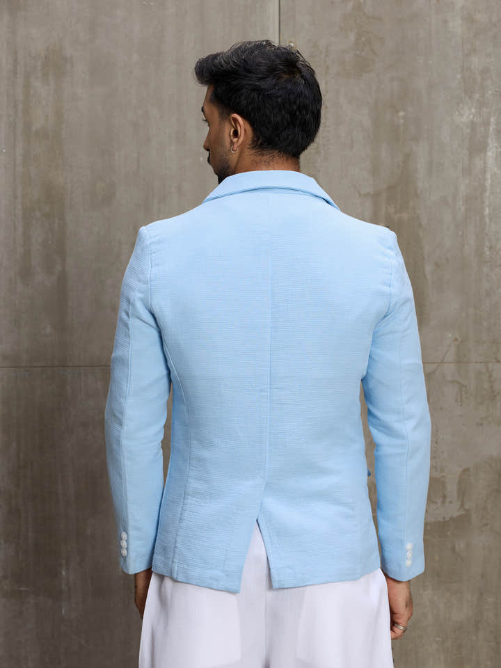 Cahoot Men's Light Blue Single-Breasted Half Lined Cotton Blazer With Double Flap Pockets - view 4