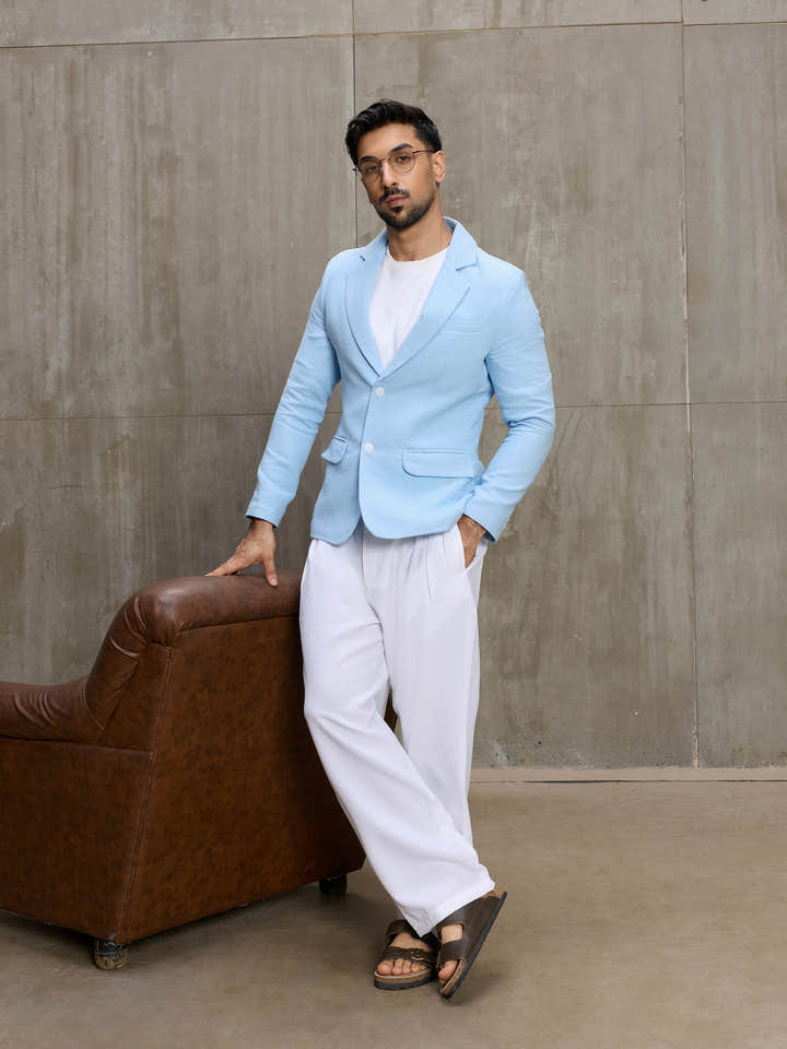 Cahoot Men's Light Blue Single-Breasted Half Lined Cotton Blazer With Double Flap Pockets - view 5