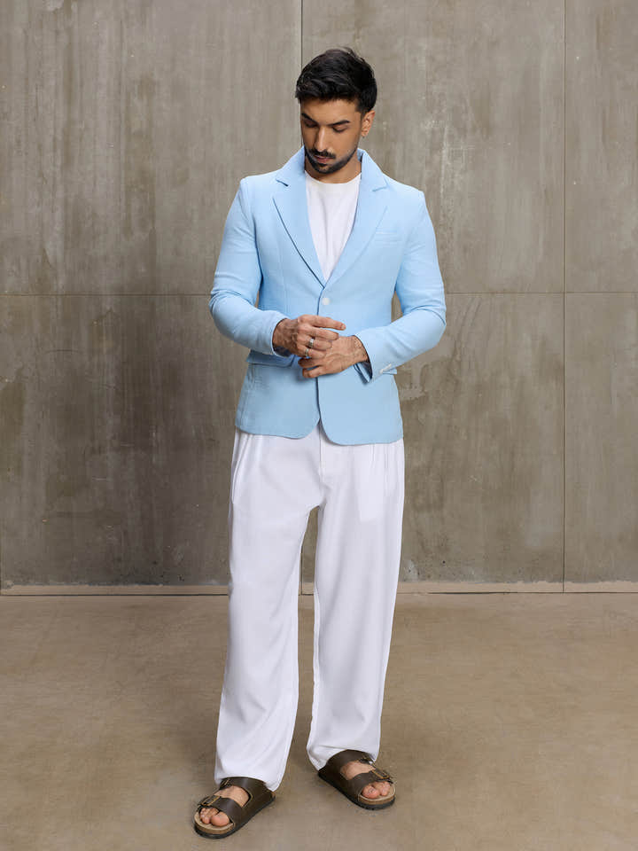 Cahoot Men's Light Blue Single-Breasted Half Lined Cotton Blazer With Double Flap Pockets - view 6