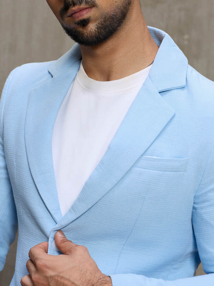 Cahoot Men's Light Blue Single-Breasted Half Lined Cotton Blazer With Double Flap Pockets - view 7