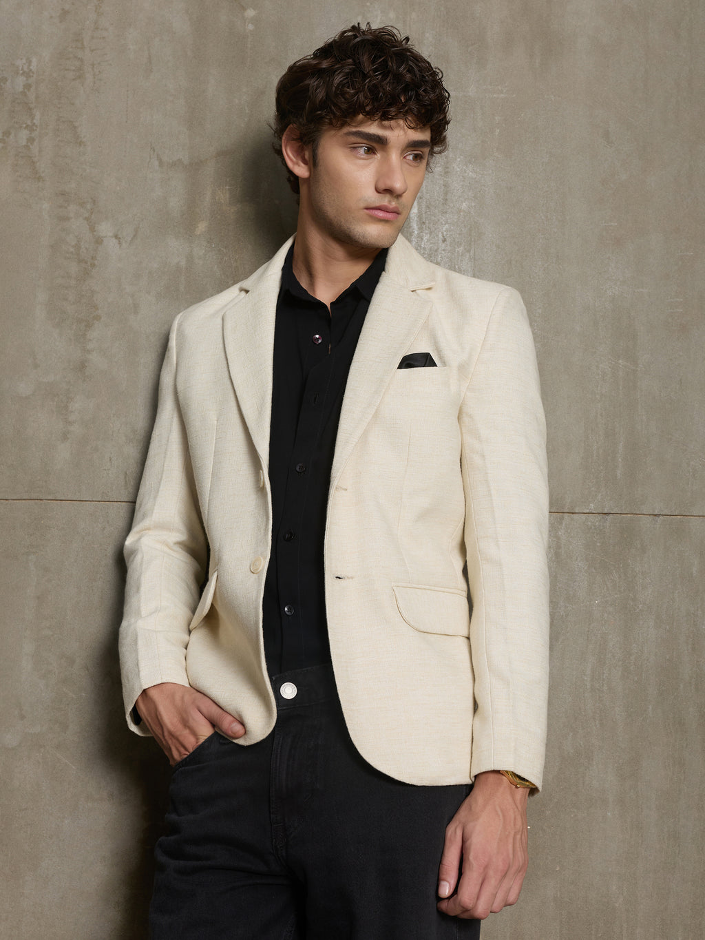 Cahoot Men's Off-White Single-Breasted Half Lined 100% Cotton Blazer With Double Flap Pockets - view 1
