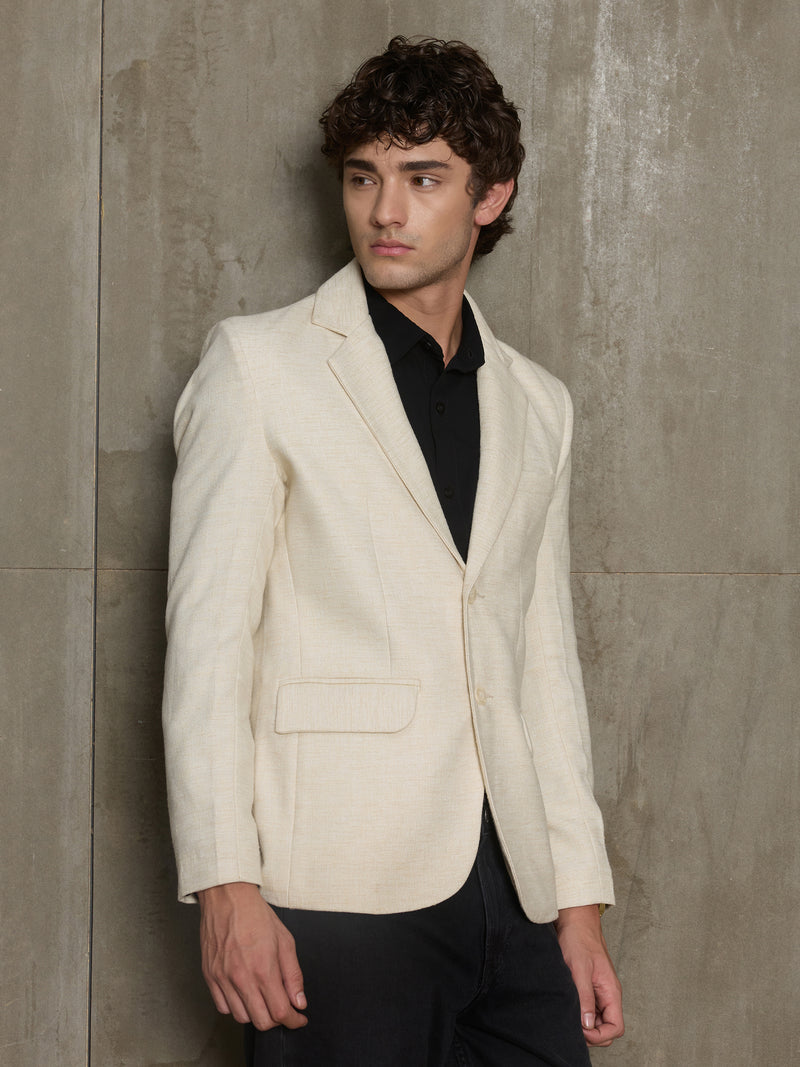 Cahoot Men's Off-White Single-Breasted Half Lined 100% Cotton Blazer With Double Flap Pockets - view 3