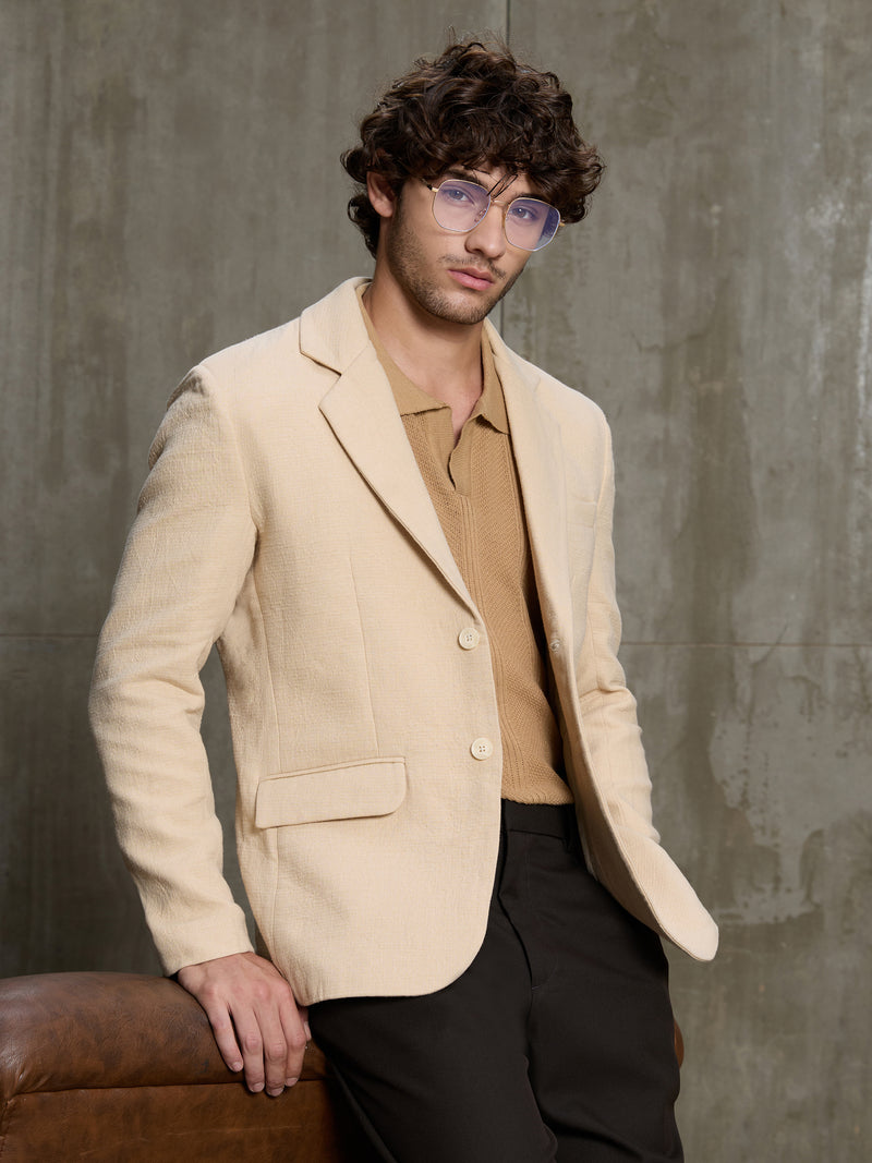 Cahoot Men's Beige Single-Breasted Half Lined Cotton Blend Double Cloth Blazer - view 1