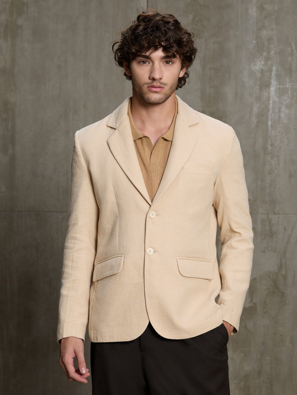 Cahoot Men's Beige Single-Breasted Half Lined Cotton Blend Double Cloth Blazer - view 2