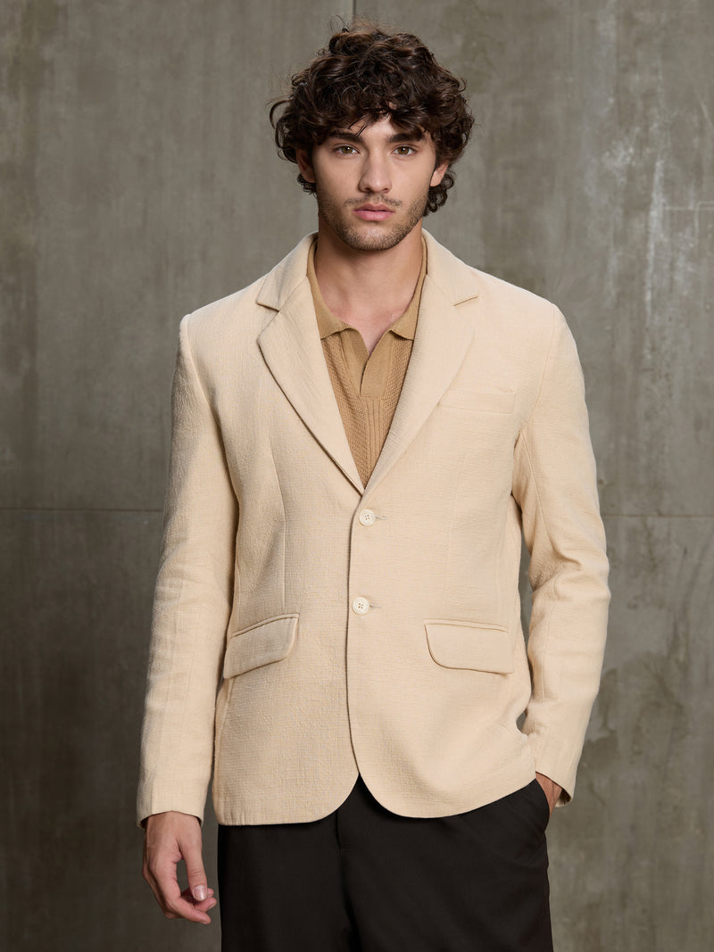 Cahoot Men's Beige Single-Breasted Half Lined Cotton Blend Double Cloth Blazer - view 2