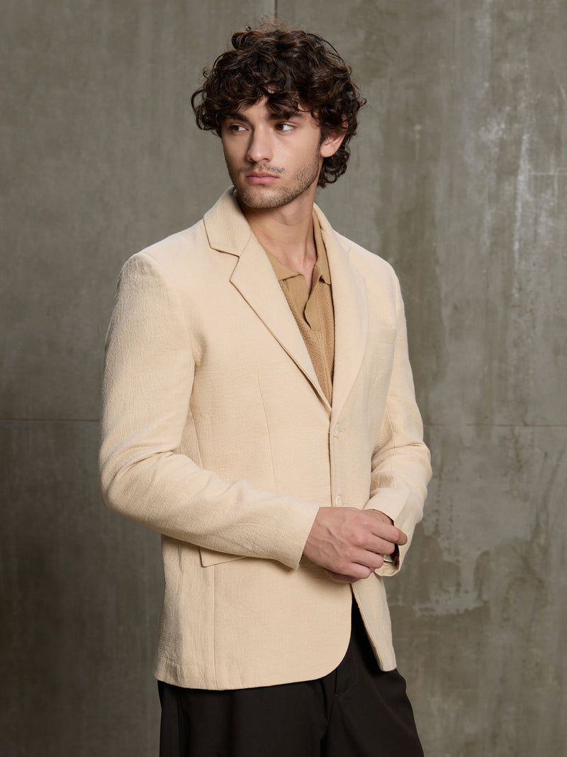 Cahoot Men's Beige Single-Breasted Half Lined Cotton Blend Double Cloth Blazer - view 3