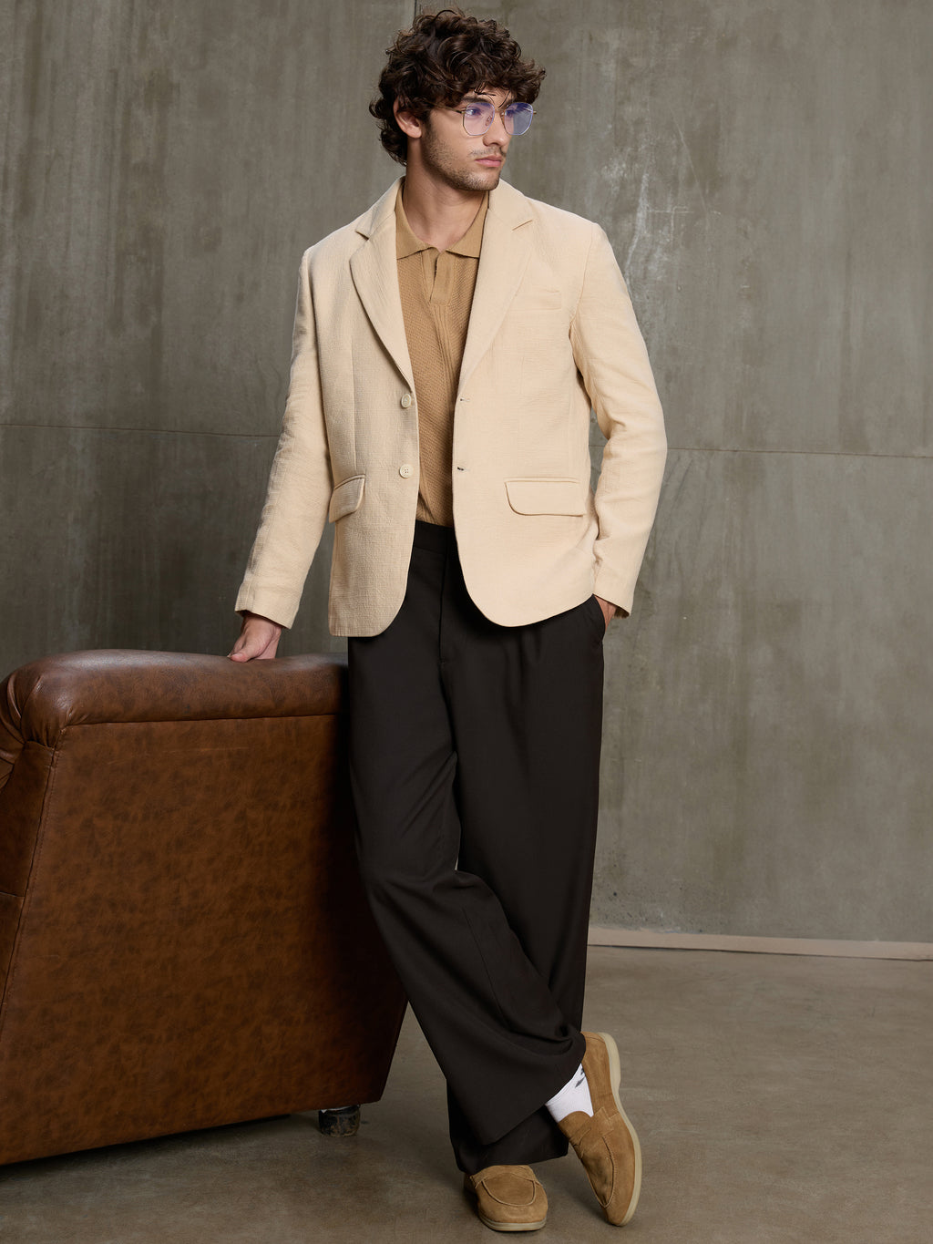 Cahoot Men's Beige Single-Breasted Half Lined Cotton Blend Double Cloth Blazer - view 6