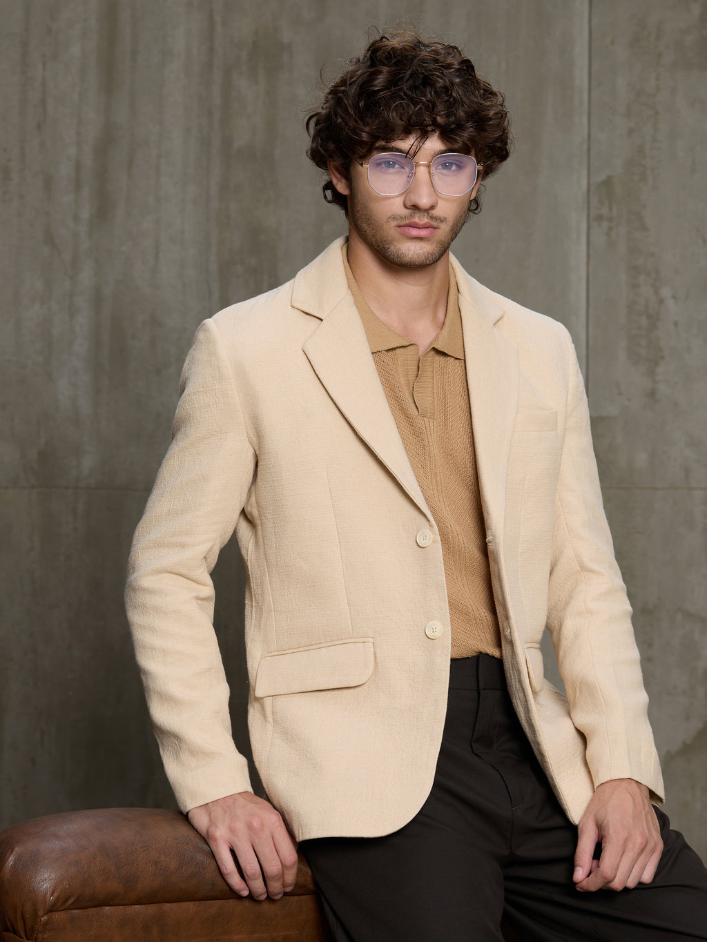 Cahoot Men's Beige Single-Breasted Half Lined Cotton Blend Double Cloth Blazer - view 9