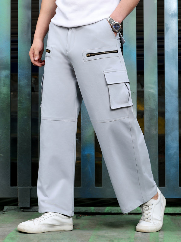 Men's Light Grey Mid-Rise Wide Leg Trouser