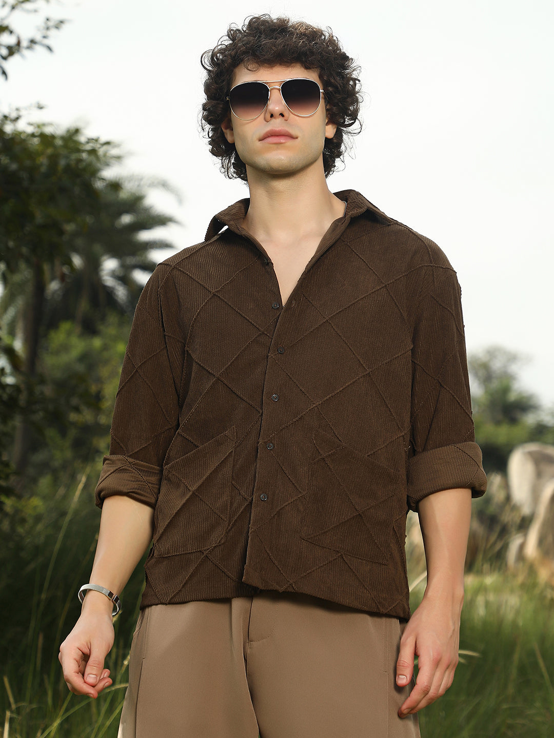 ₹999 | Cahoot men's Coffee Brown Crosshatch-Tactile Oversized