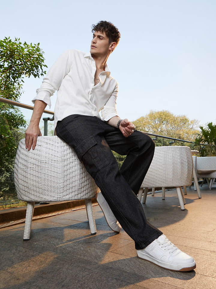 Dark-Wash Cargo Denim Jeans