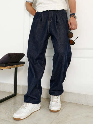 Dark-Wash Pleated Denim Jeans