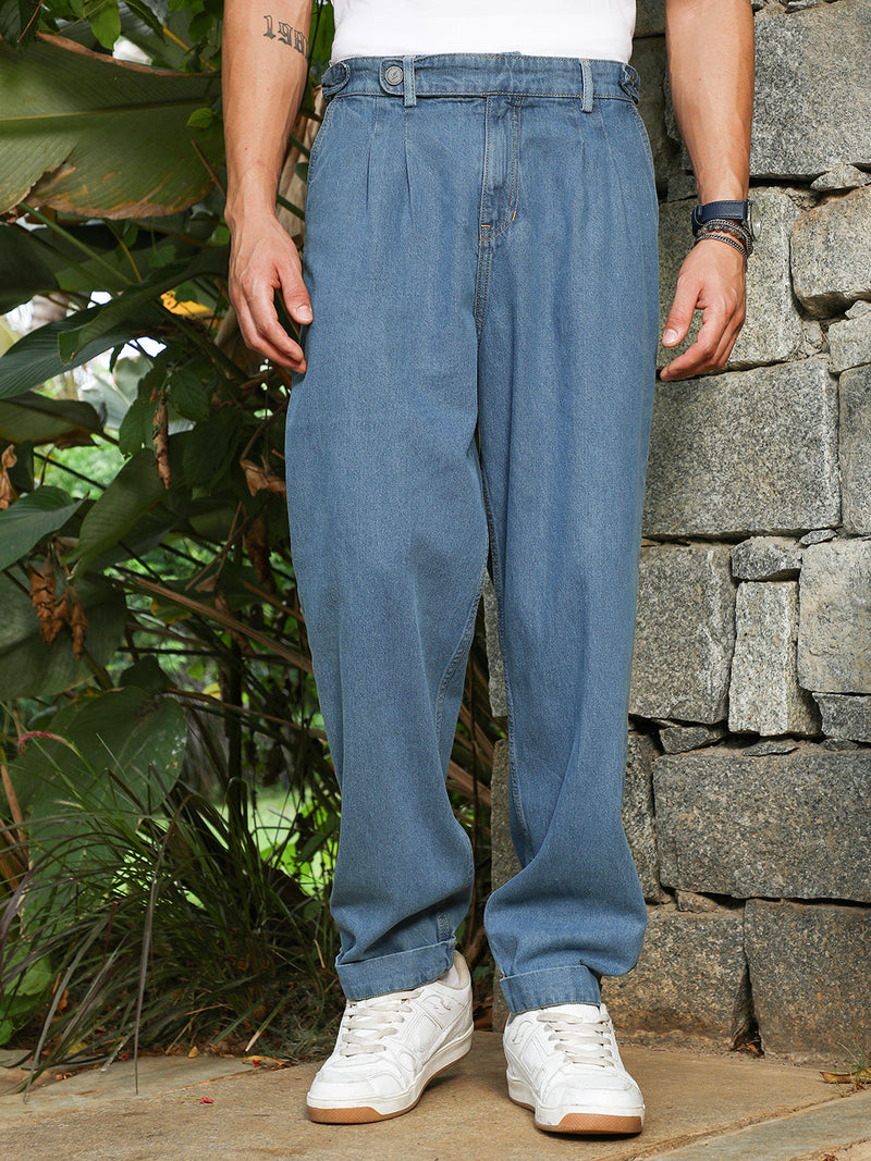 Indigo Blue Mid-Wash Pleated Denim Jeans