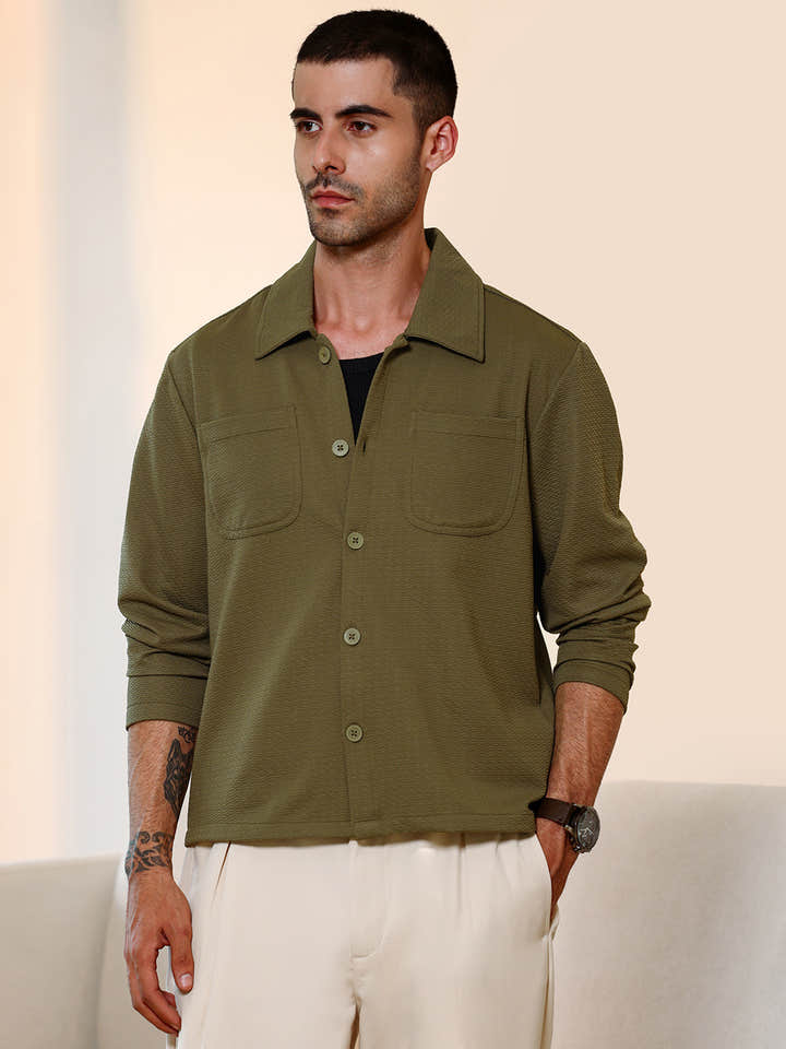 Olive Green Textured Knit Casual Shirt