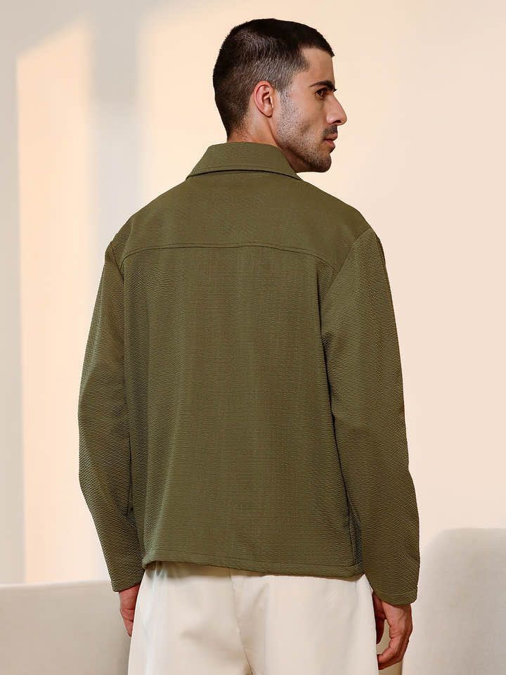 Olive Green Textured Knit Casual Shirt