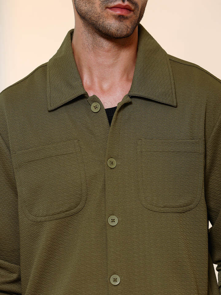Olive Green Textured Knit Casual Shirt