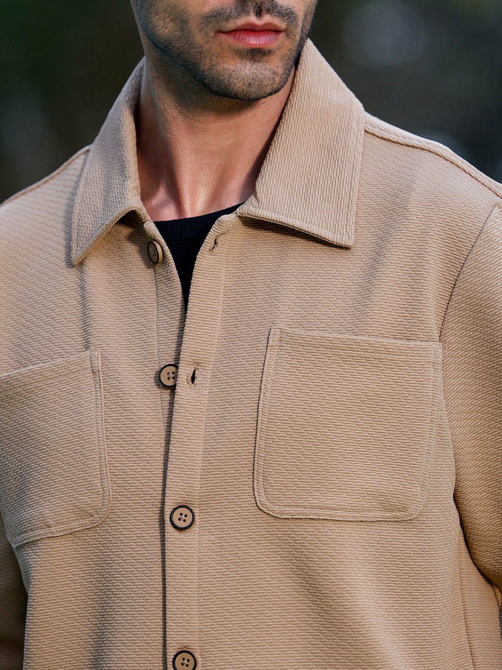 Beige Textured Cotton Casual Overshirt