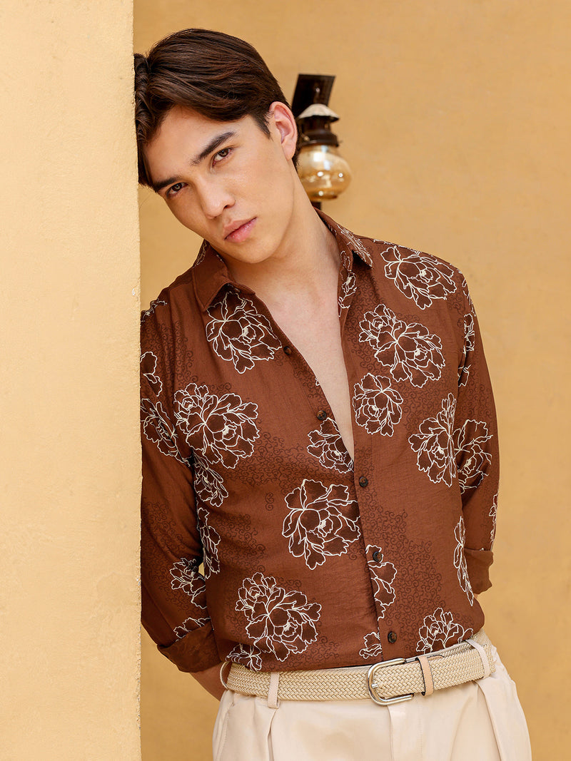 Men's Brown Floral Print Regular Fit Casual Shirt