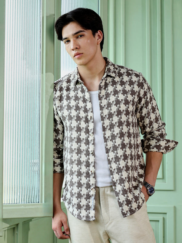 Men's Brown Houndstooth Check Shirt