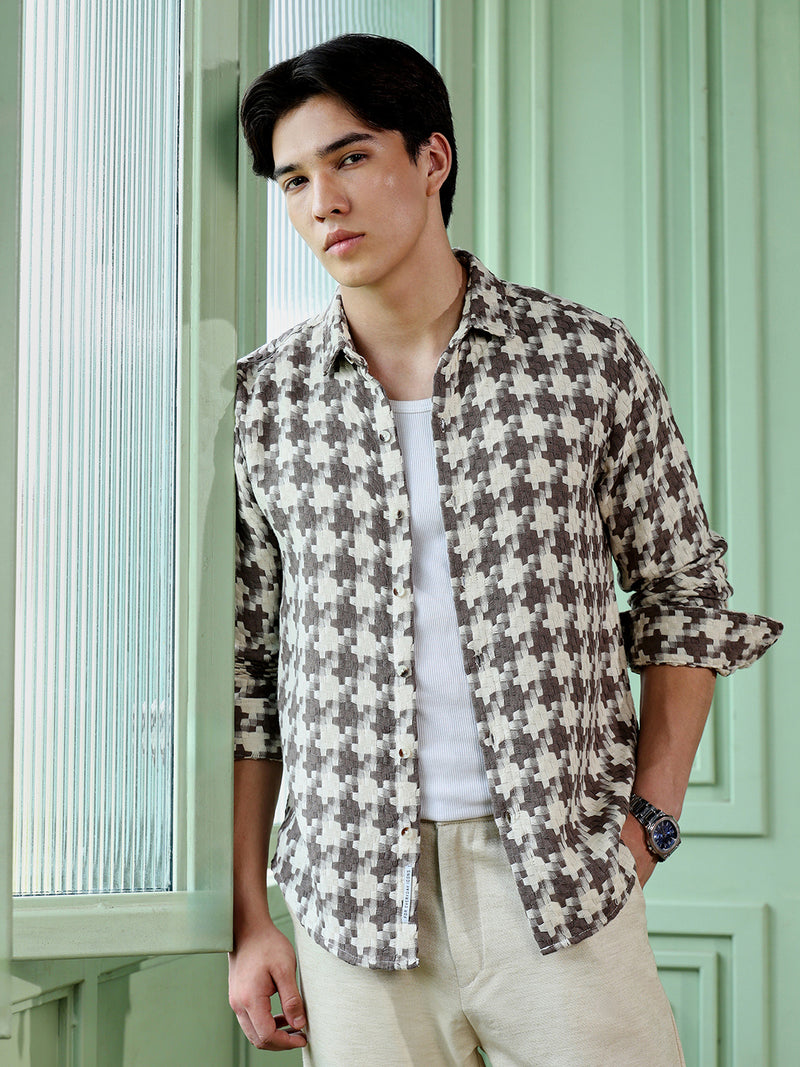 Men's Brown Houndstooth Check Shirt