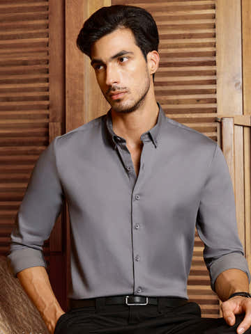 Grey Solid Cotton-Lycra Satin Stretch Slim-Fit Shirt