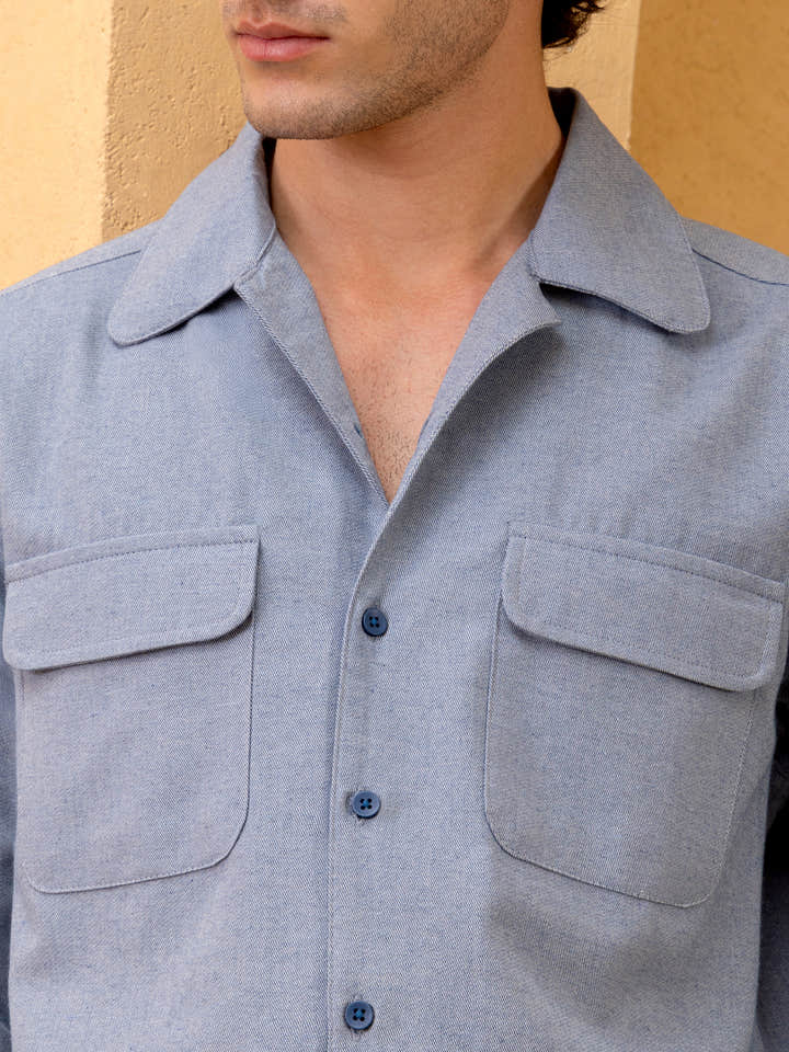 Cotton Twill Cuban Collar Regular Fit Shirt