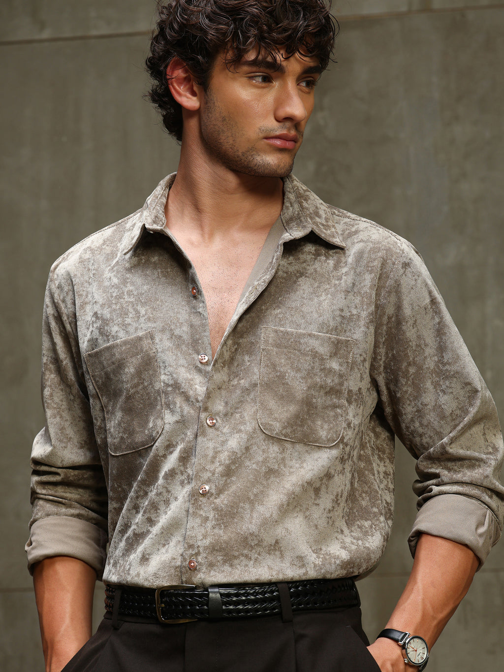 CAHOOT Men's Light Brown Corduroy Velvet Double Pocket Shirt - view 1