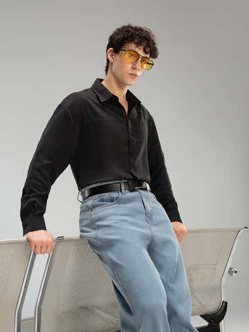 Black Suede-Finish Shirt With Front Yoke Detail