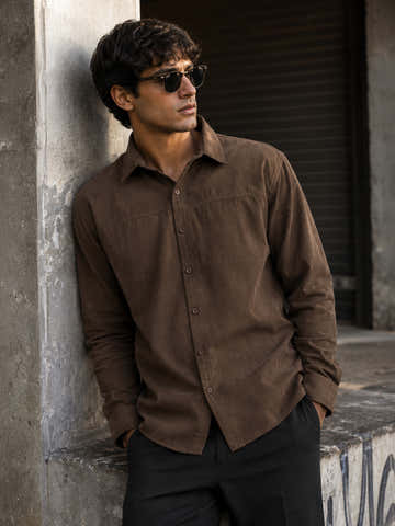 Chocolate brown Suede-Finish Shirt With Front Yoke Detail