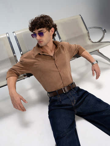 Brown Suede-Finish Shirt With Front Yoke Detail