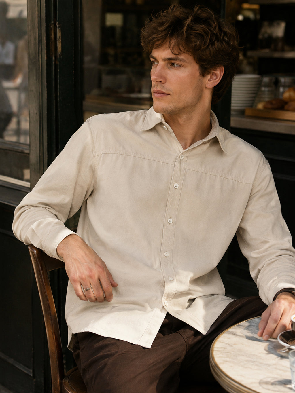 Beige Suede-Finish Shirt With Front Yoke Detail