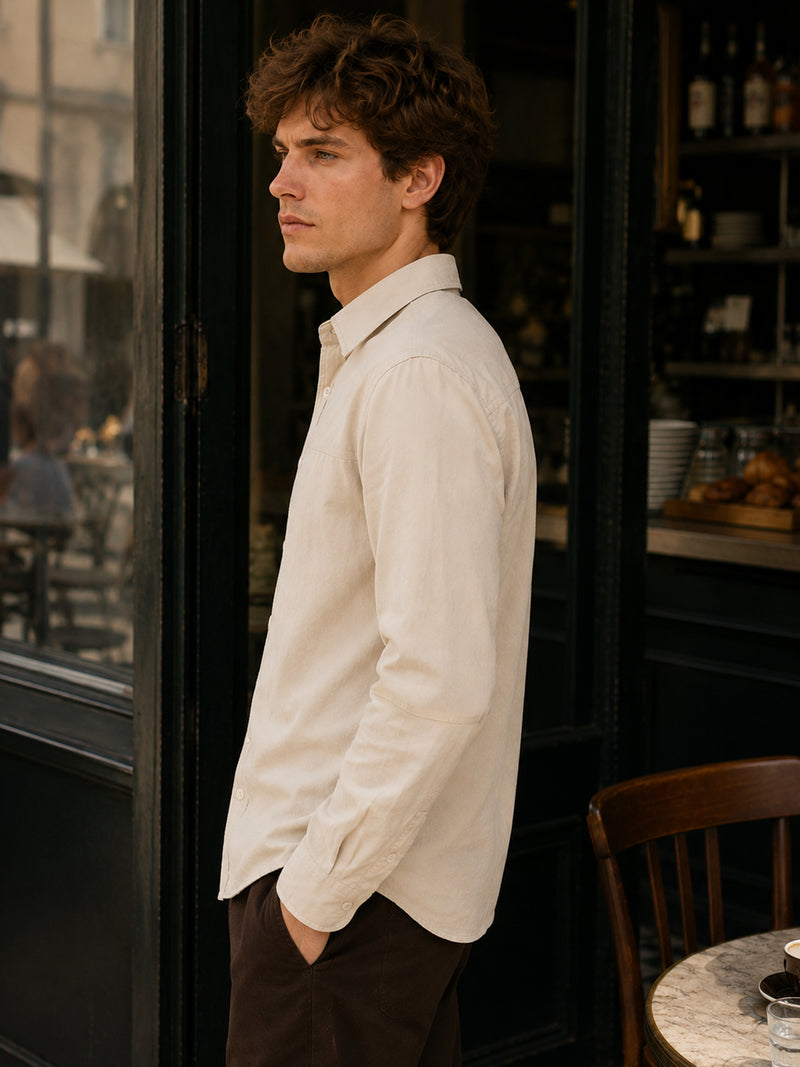 Beige Suede-Finish Shirt With Front Yoke Detail