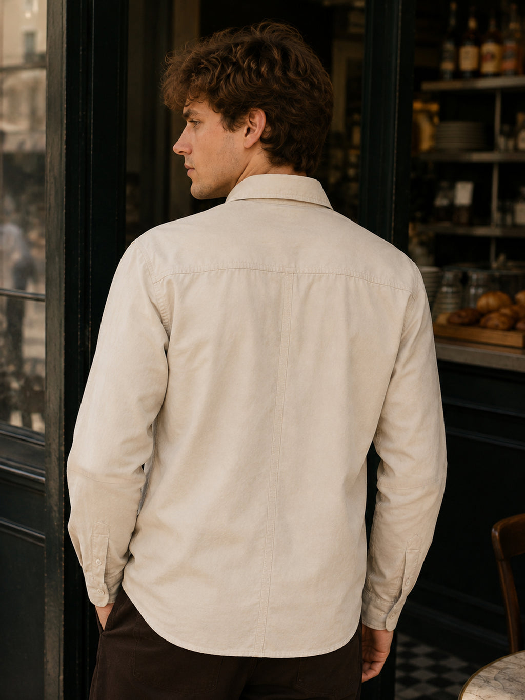 Beige Suede-Finish Shirt With Front Yoke Detail