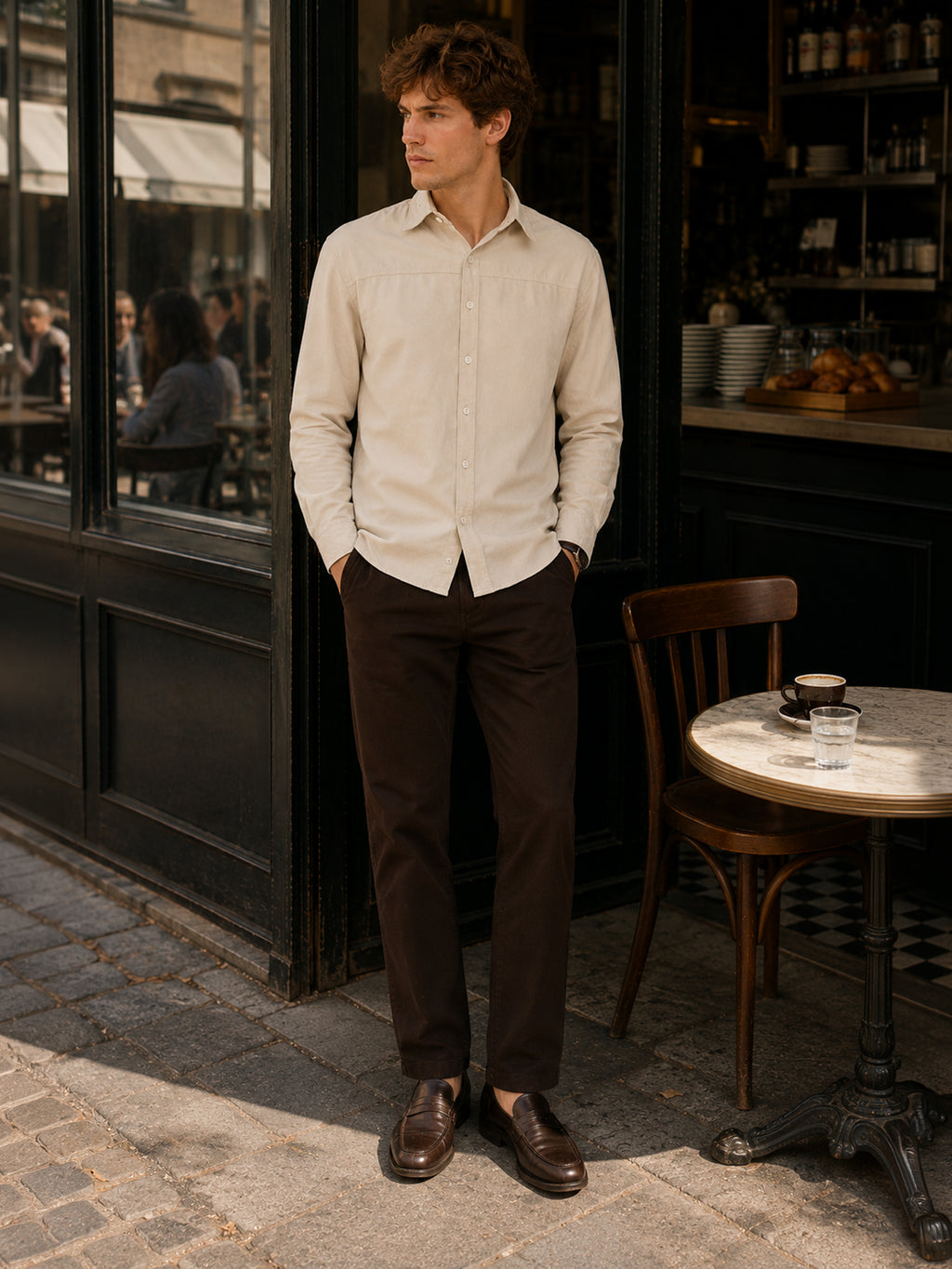 Beige Suede-Finish Shirt With Front Yoke Detail