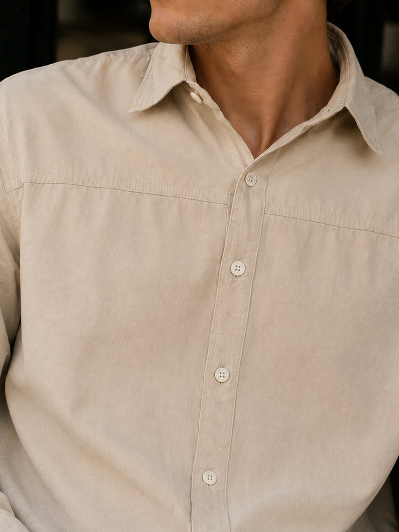 Beige Suede-Finish Shirt With Front Yoke Detail