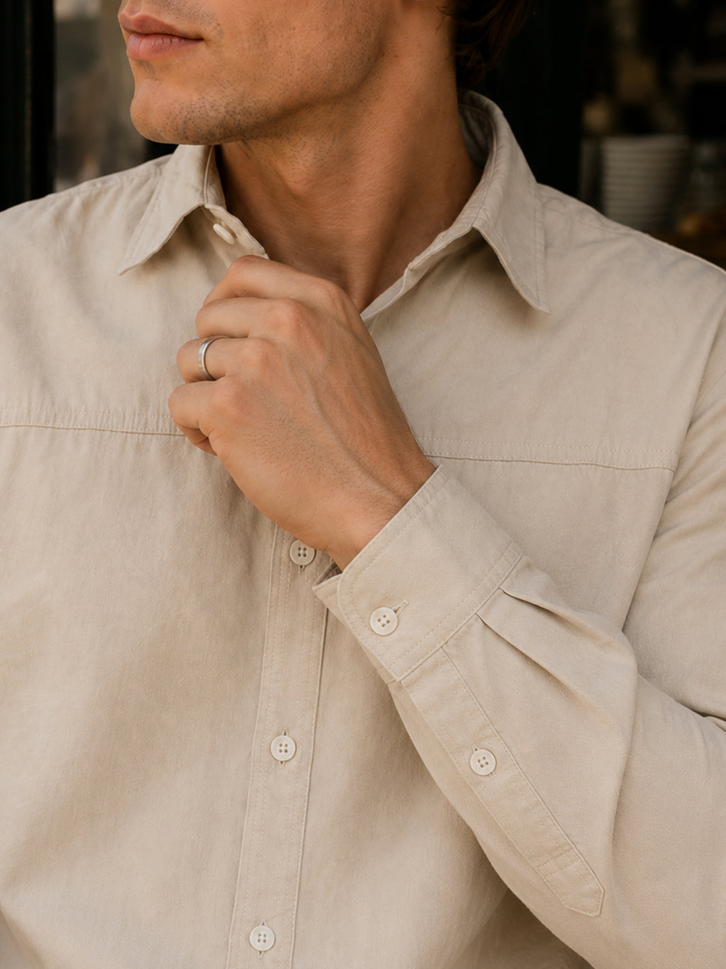 Beige Suede-Finish Shirt With Front Yoke Detail