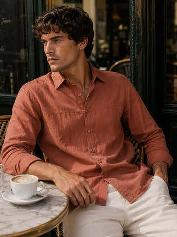 Coral Suede-Finish Shirt With Front Yoke Detail