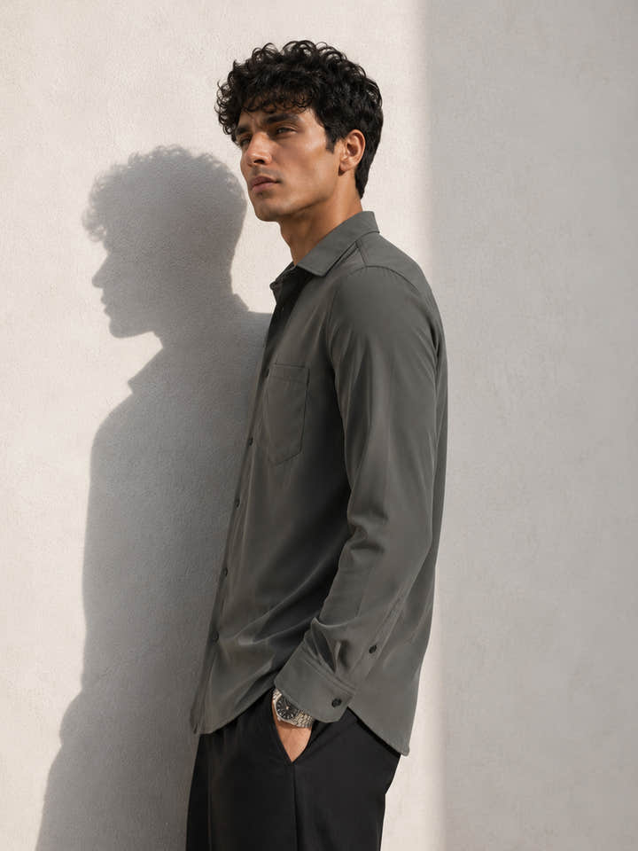 CAHOOT Olive Solid Casual Shirt With Single Patch Pocket - view 2