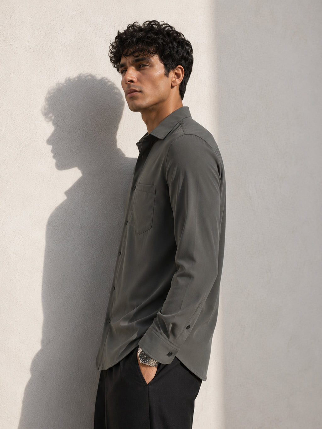 CAHOOT Olive Solid Casual Shirt With Single Patch Pocket - view 2