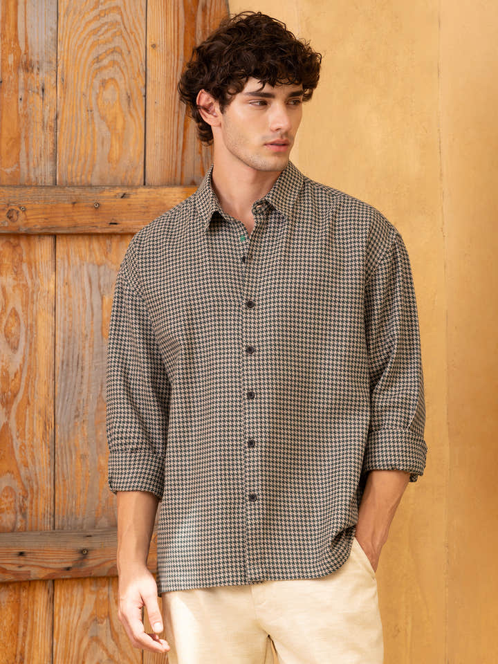 Woven Houndstooth Oversized Fit Shirt