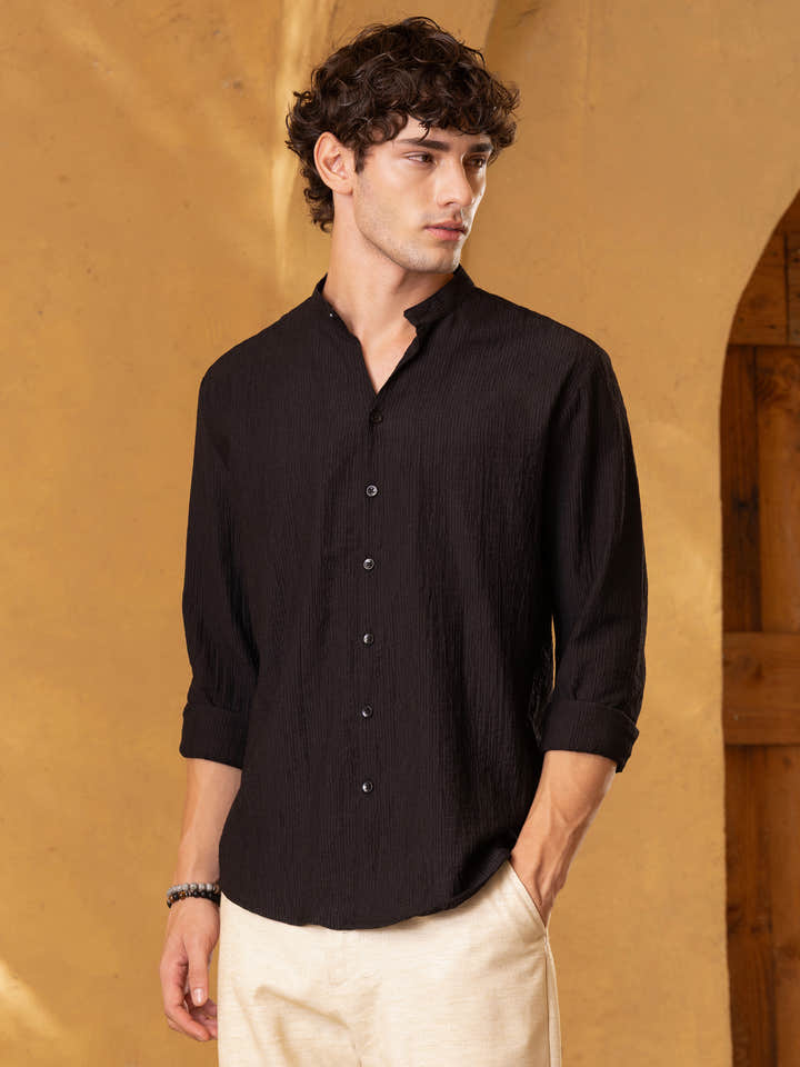 Crinkle Textured Mandarin Collar Regular Fit Shirt